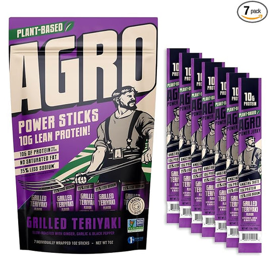 AGRO POWER Vegan Jerky Sticks, Teriyaki Flavor Plant-Based, 7 Stick Bag with 10g Protein, Non-GMO, 40% Less Sodium, Zero Cholesterol, Meat Alternative, High Protein Snack for Lunch, On-the-Go Fuel