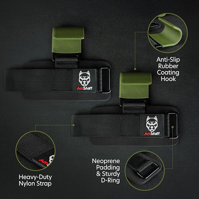 AmStaff Fitness Weight Lifting Hooks (Pair) - Gym Wrist Straps with Steel Hooks for Weightlifting, Pull-Ups, Deadlifts, Strength Training, and Fitness Workouts - Adjustable Neoprene Wrist Support