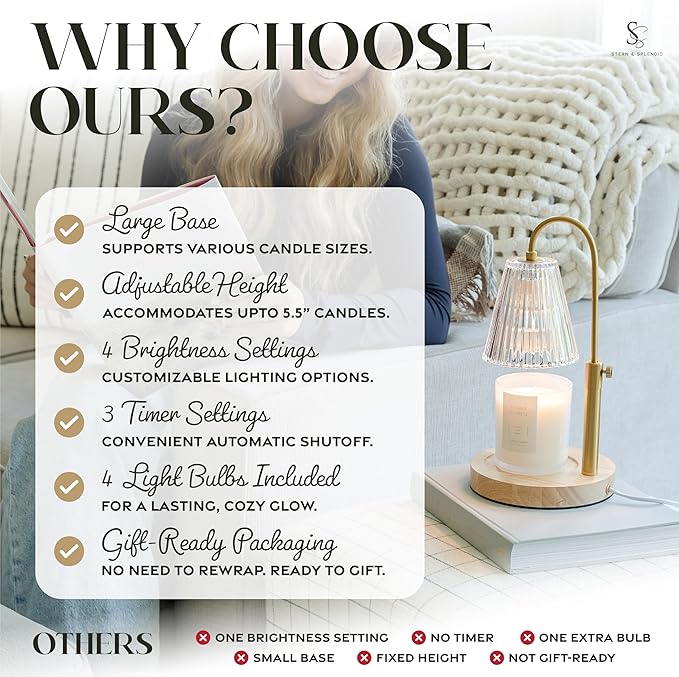 Wood Candle Warmer Lamp with Large Round Base & Adjustable Height, Dimmable Candle Lamp with Timer, Electric Lamp Candle Warmer for Jar Candles, Candle Melter Lamp with 4 Halogen Light Bulbs