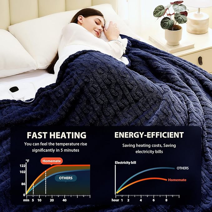 Homemate Electric Heated Blanket Queen - 84"x90" Heating Bed Blankets Throw with 10 Heating Levels 8 Hours Auto Off Fast Heating Over-Heated Protection Ultra Soft Warm Flannel ETL Certified