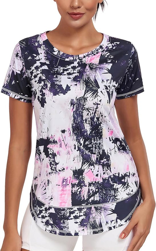 Women's Short Sleeve Workout Shirts Crewneck Sports Yoga Running Dry Fit Tops Side Split Tee