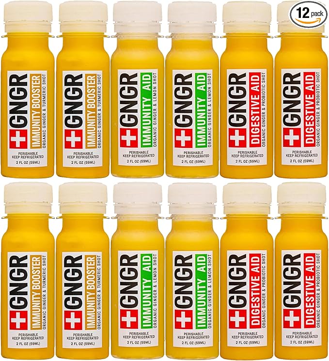 +GNGR Immunity Sampler Organic Ginger Wellness Shots - Premium Ginger Shots for All Natural Digestive Support and Immune Support, Digestive Aid, Gut Cleanse and Detox (2 Oz, Pack of 12)