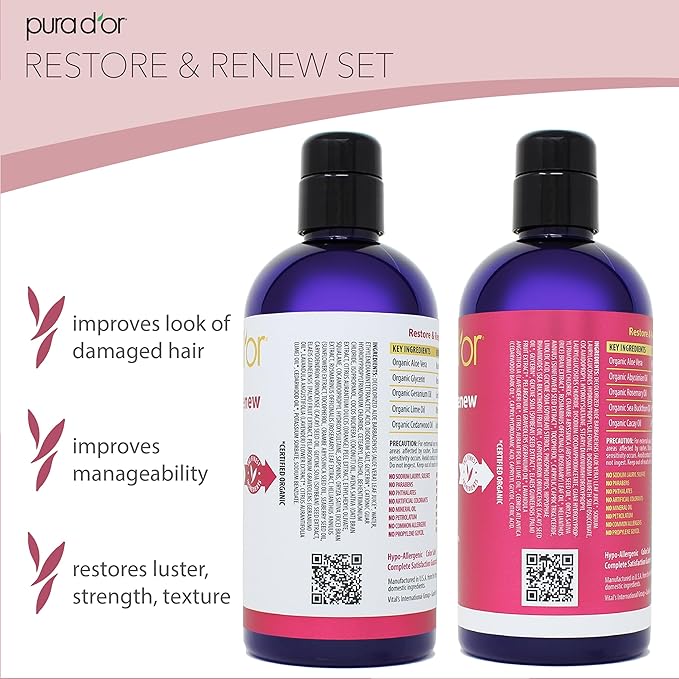 PURA D'OR Restore & Renew Shampoo (16oz) Hair Protection from Dye, Extensions and Heat Tools, Infused with Organic Aloe Vera, Rosemary Leaf Oil, Sea Buckthorn Fruit Oil, & Cacay Seed Oil