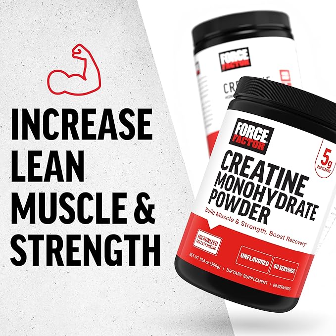 Force Factor Creatine Monohydrate Powder, 5g Micronized Dose to Support Muscle Growth, Strength, Recovery, Cognitive Health & Memory, Unflavored, 60 Servings