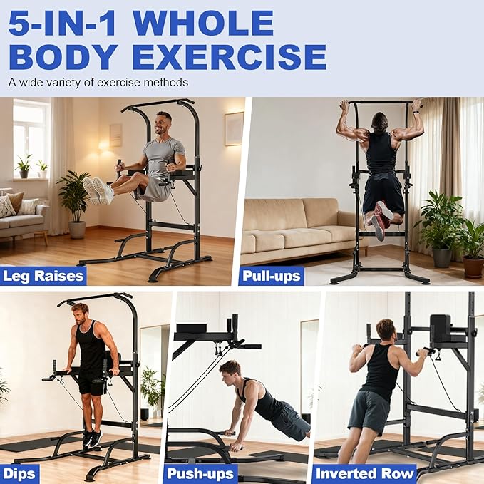 Pull Up Bar Power Tower Dip Station, Adjustable Strength Training Equipment for Home Gym Workout, Multi-Function Pull Up and Dip Bar