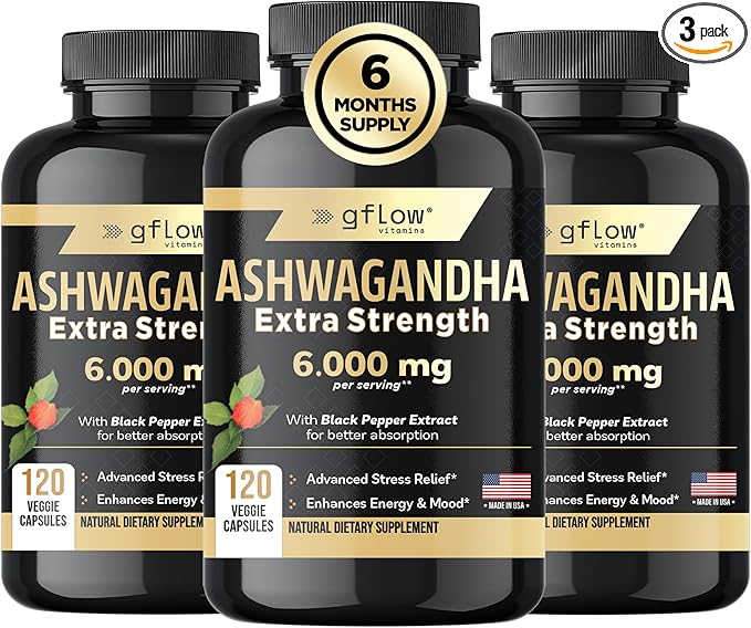 Ashwagandha Supplements for Women and Men 6000mg | Sleep, Mood and Energy Support | Extra Strength, Vegan Friendly, Non-GMO, Made in USA - Pack of 3