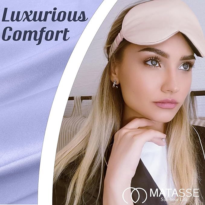 MATASSE Silk Eye Mask for Sleeping with Adjustable Elastic Band - 3D Contoured, Eye Cover Sleep Mask w/Genuine Mulberry Silk Including The Strap for Women, Men (Champagne/Black)