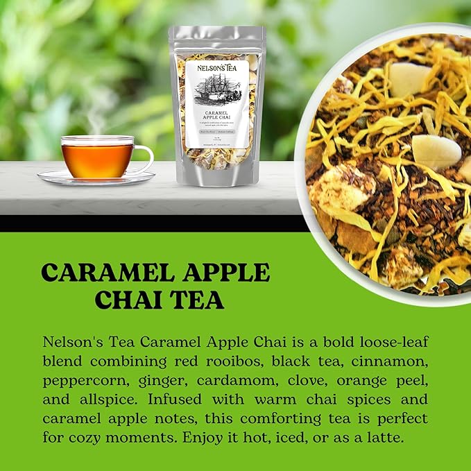 Nelson's Tea Caramel Apple Chai Tea Loose Leaf - Cut & Sifted Red Rooibos Loose Leaf Tea, Black Tea with Cinnamon Chips, Peppercorn, Ginger Root, Cardamom, Clove, Orange Peel and All Spice (4 oz)