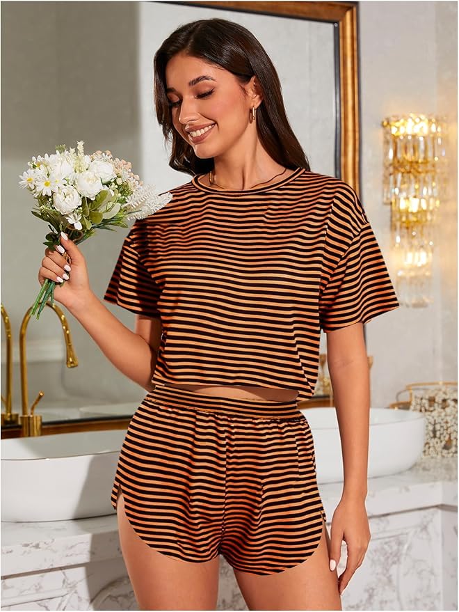 OYOANGLE Women's Two Piece Pajama Set Striped Print Crew Neck Short Sleeve Tee and Side Split Shorts Set