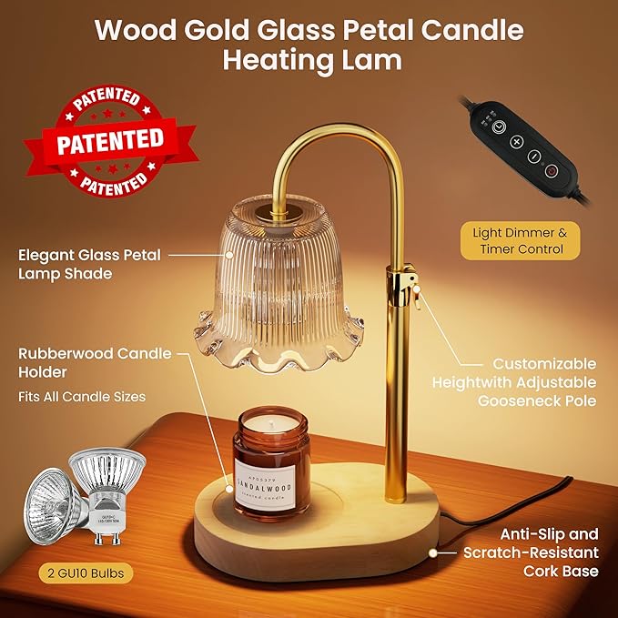 Candle Warmer Lamp with Timer Adjustable Height Candle Lamp Warmer 4 Level Dimmer Electric Wax Melt Warmer Vintage Home Decor for Scented Jar Candles House Warming & Birthday Gifts for Women