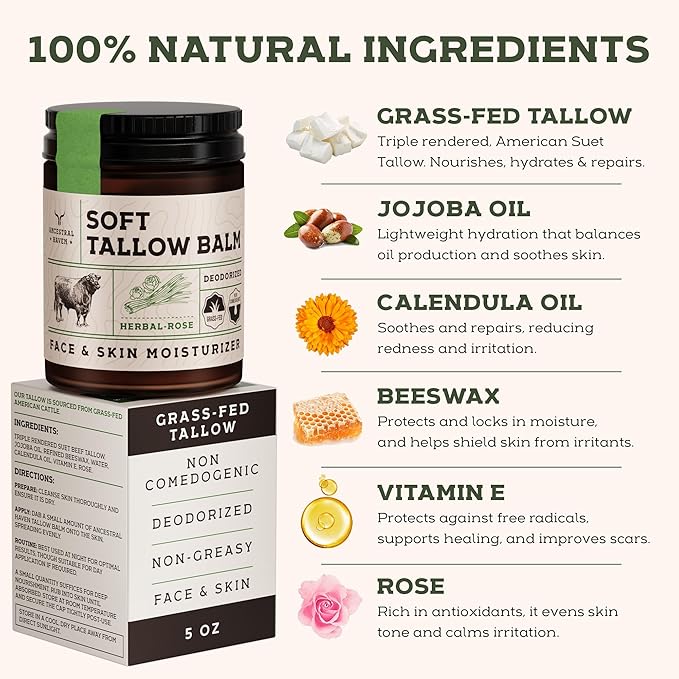 Beef Tallow for Skin - Tallow And Herbal Balm For Face - Tallow Face Moisturizer - Beef Tallow Moisturizer - Tallow Balm - Grass Fed Beef Tallow For Skin - Tallow Face Cream Lotion (5.0, Herbal-Rose)
