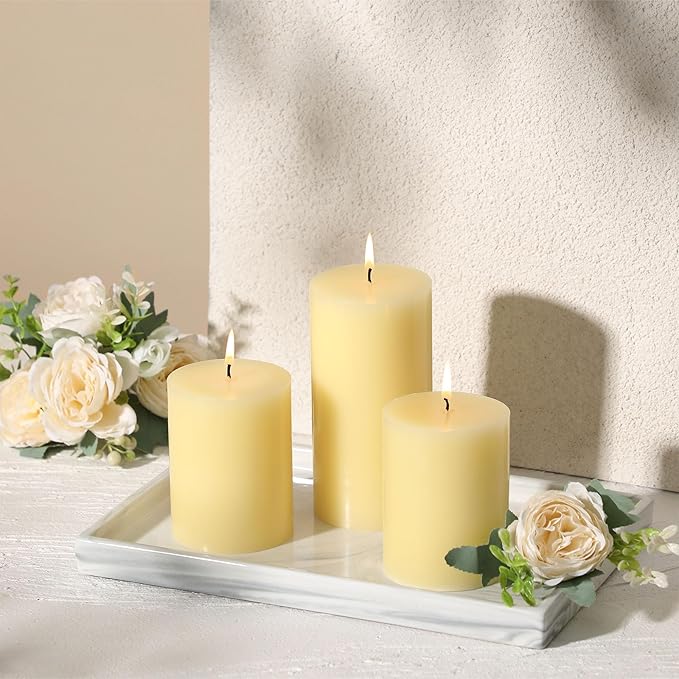 3x4 Inch Ivory Pillar Candles Set of 3 - Decorative Unscented Pillar Candles, Long Burning Dripless Candles for Table Decor, Smokeless Large Pillar Candle for Wedding, Dinner, Rustic Home Decor