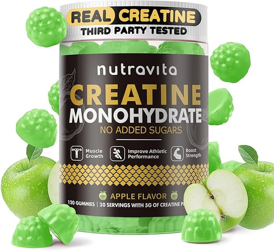 Nutravita Creatine Monohydrate Gummies for Men & Women-5g of Creatine Monohydrate per Serving - Sugar Free,Vegan, Apple Flavor, 120 Count