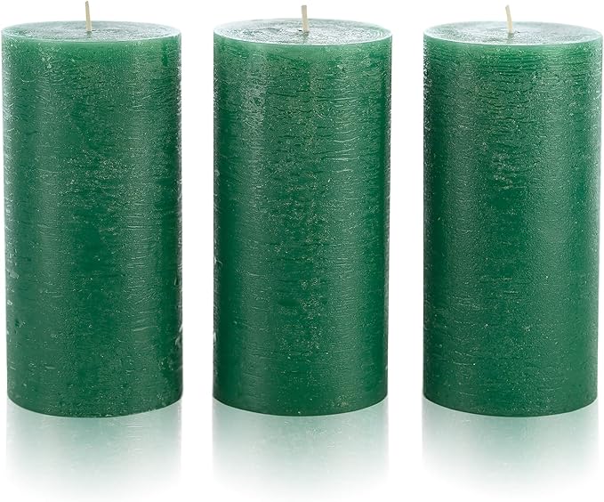 Set of 3 Pillar Candles 3" x 6" Unscented Handpoured Weddings, Home Decoration, Restaurants, Spa, Church Smokeless Cotton Wick - Dark Green