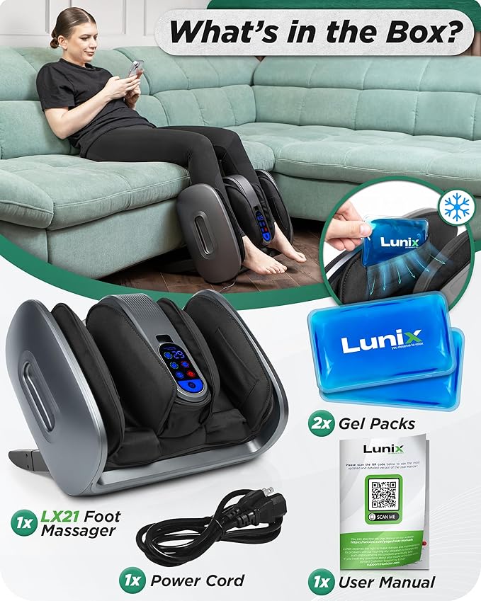 Lunix LX21 Feet Massager with Remote for Pain Relief, Circulation and Heat Therapy, Foot and Calf Shiatsu Massager for Plantar Fasciitis and Neuropathy, Ankle Device, Gray