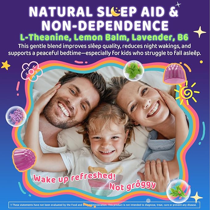 Kids Sleep Gummies, NO Melatonin Sleep Aid Gummies w/Magnesium Glycinate, Magnesium Malate, L-Theanine, Lavender, B6, Zinc, D3K2 for Restful Sleep, Relax Brain & Muscle, Immune Support, Non-GMO 1Pack