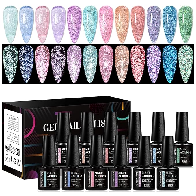 MEET ACROSS Reflective Glitter Gel Nail Polish, Shimmery Gel Polish Set 12 Pcs Sparkly Shiny Gel Soak Off UV LED Nail Art Varnish Manicure Kit DIY at Home