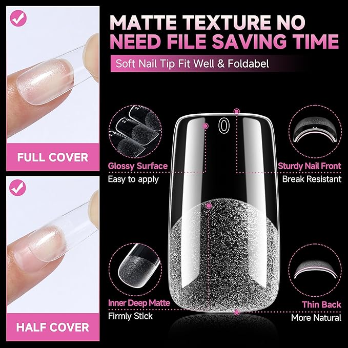 UNA GELLA Nail Tips Square Fake Gel Nails 120pcs Pre-buff Matte Square Full Cover False Nail Tips Clear Acrylic Nails No C Curve S quare Tips for Press on Nail Extensions Home DIY Salon 12 Sizes