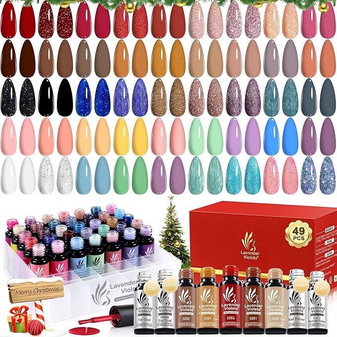 Lavender Violets 49 Pcs Gel Nail Polish Set, 45 Colors Gel Polish U V LED with Base, Glossy & Matte Top Coat for Nail Art Designs A907