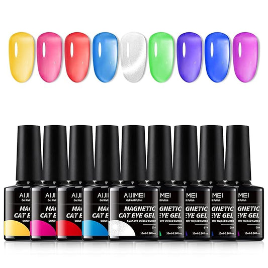AIJIMEI Cat Eye Gel Polish Set -9 Colors 10ML Magnetic Gel Nail Polish Kit Nail Art, Soak Off LED/UV Lamp Cured, Professional Salon Quality, Long Lasting
