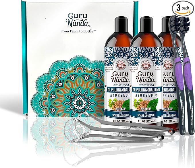 GuruNanda Advanced Oil Pulling Mouthwash for Enhanced Oral Care with Sesame & Oregano Oil, Promotes Deep Cleaning for Healthy Teeth & Gums, with Toothbrushes & Tongue Scrapers, Alcohol-Free, 3X8 Oz