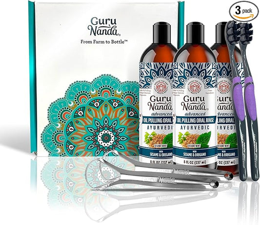 GuruNanda Advanced Oil Pulling Mouthwash for Enhanced Oral Care with Sesame & Oregano Oil, Promotes Deep Cleaning for Healthy Teeth & Gums, with Toothbrushes & Tongue Scrapers, Alcohol-Free, 3X8 Oz