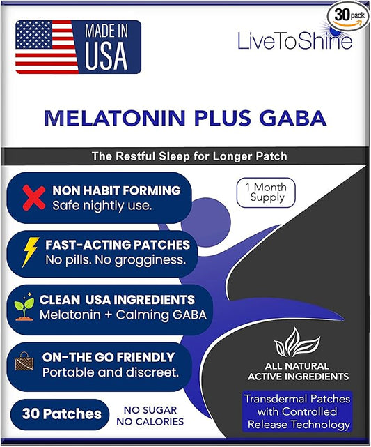 Live To Shine Melatonin Patches for Sleep - Plus GABA to Calm Busy Brains Fast - Perfect Combo for Men and Women - Slow Release - 30 Patches - USA Made