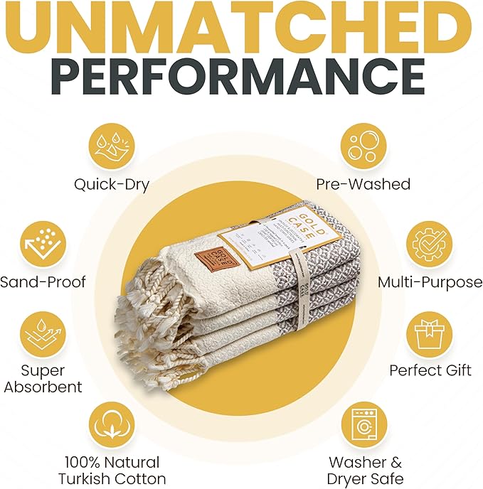 Gold CASE Turkish Hand Towels for Bathroom Set of 4 – 20 x 40'' – 100% Cotton Bathroom Towels – Aphrodite Kitchen Small Towel for Spa, Face, Tea & Dishcloth – Decorative Patterned Weave – Brown