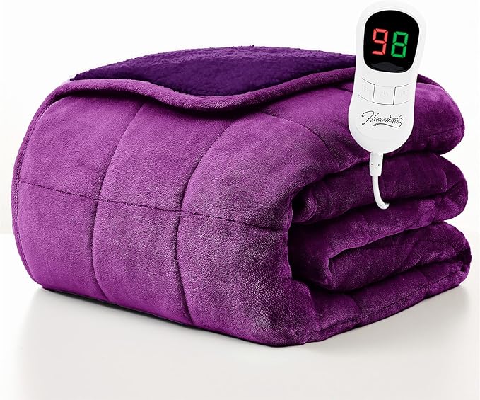 Homemate Heated Weighted Blanket for Adults - 50"x60" 12lbs Electric Throw Fast Heating Heavy Blanket 1/2/4/6/8 Hour Auto Off 10 Heat Levels Over-Heat Protection Comfortable Flannel Sherpa
