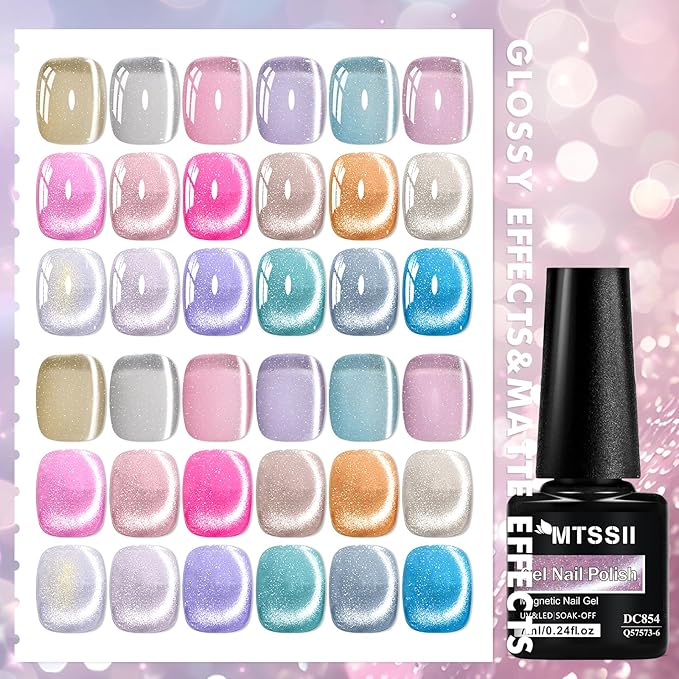 MTSSII Jelly Cat Eye Gel Nail Polish Set, 18 Colors Rainbow Glass Sea Spirit Magnetic Gel Polish Kit with Magnet Pink Blue Purple Grey Glitter Cateye Nail Polish Salon Manicure Nail Art DIY at Home