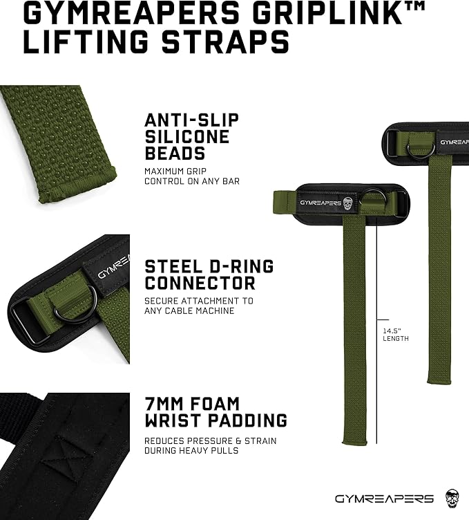 Gymreapers GripLink Lifting Straps – Heavy Duty D-Ring Weight Lifting Wrist Straps with Anti-Slip Silicone Grip Beads, Cushioned & Adjustable Support for Deadlifts, Powerlifting, Cable Machines & Gym Training