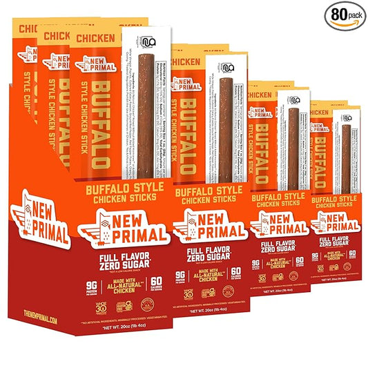 New Primal Buffalo Chicken Sticks, Keto, Gluten Free Healthy Snacks, Sugar Free Low Carb High Protein, Jerky Meat Stick, 9g Protein, 80 Pack