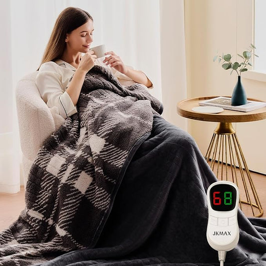 Heated Electric Blanket Throw Size - 50"x60" Flannel Heating Blanket with 10 Heating Levels & 5 Time Settings Over-Heat Protection, Winter Warmer for Adults with ETL Certification（Grey）