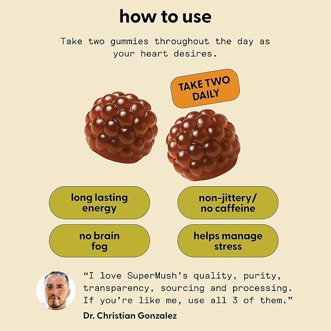 Energy Mushroom Gummies - Organic Lions Mane Supplement with Cordyceps, Rhodiola, L-Theanine, Maca - Vegan & Sugar-Free - Energy, Focus, Stamina, Stress Reduction - 60 Gummies (30 Servings)