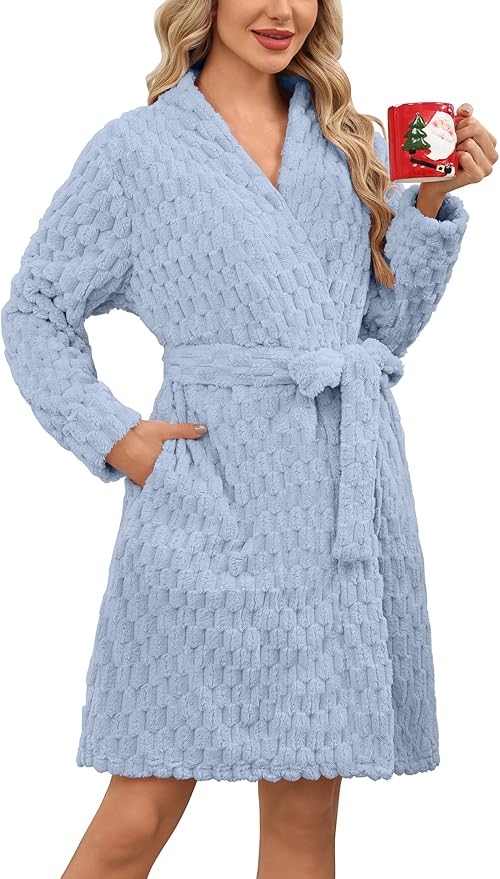 Ekouaer Women's Robes Short Plush Bathrobe Knee Length Warm Soft Jacquard Robe Winter House Coat with Pockets S-XXL