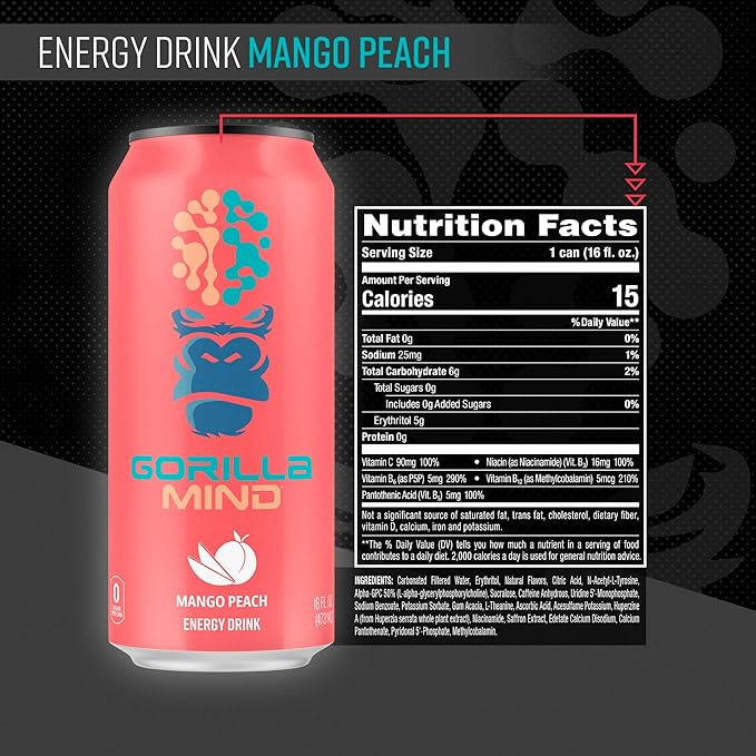 Gorilla Mind Energy Drink | Unmatched Energy · Amplified Focus | N-Acetyl-L-Tyrosine, Alpha-GPC, 200mg Caffeine, Uridine, Saffron | 0 Sugar Or Artificial Colors | 16oz, 12-Pack (Mango Peach)