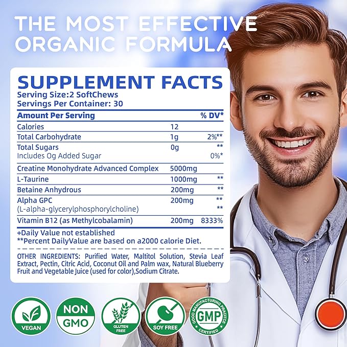 Creatine Monohydrate Soft Chews Complex 6400mg for Men & Women -Advanced Formula W/L-Taurine + Vitamin B12, Sugar Free Chewable Supplement,60 Blueberry Softchews