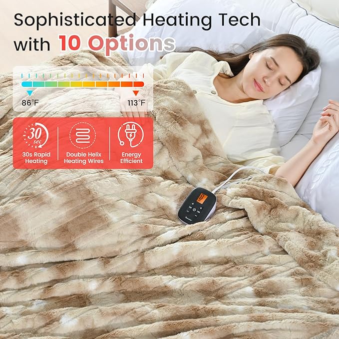 Sunable Heated Electric Blanket - Machine Washable Blanket with Time Settings 10 Heat Settings Twin Size 62×84 inches Beige - Faux Fur