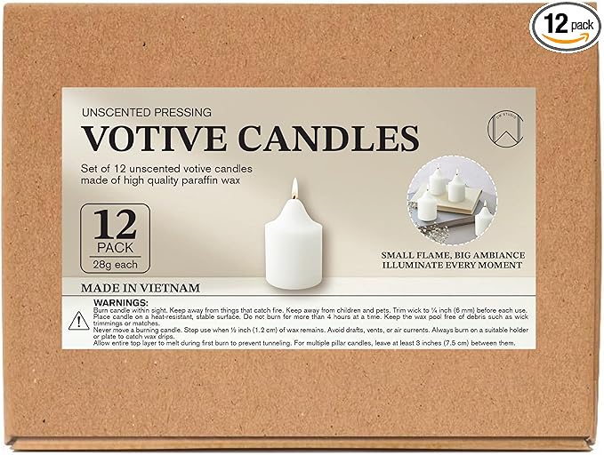 CW Studio Unscented Pressing Votive Candles – Long Hours Burn, Smokeless & Dripless – Premium Wax with Cotton Wick – Perfect for Weddings, Events, Home & Romantic Décor (12, White, 1.5x1.3 inches)
