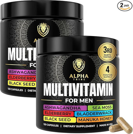 Alpha Tribe Multivitamin for Men w/Sea Moss, Black Seed Oil, Ashwagandha, Turmeric Bladderwrack, Burdock, Vitamin C, Elderberry, Manuka, | Daily Men's Vitamins & Minerals Supplement - 240 Count