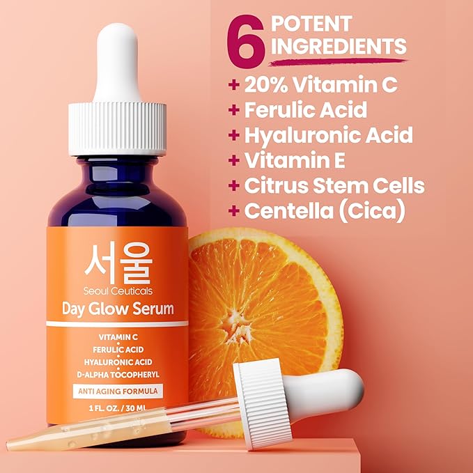 SeoulCeuticals Korean Skin Care 20% Vitamin C Hyaluronic Acid Serum + CE Ferulic Acid - Potent Anti Aging, Anti Wrinkle Korean Beauty Skincare 1oz