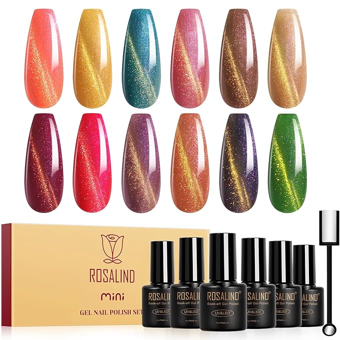 ROSALIND Gold Glitter Cat Eye Gel Polish - 12 Colors Magnetic Cateye Gel Nail Polish Set with Magnet Stick Golden Silk-like Effect Soak Off UV Set Sparkling Glitter Nail Art Collection