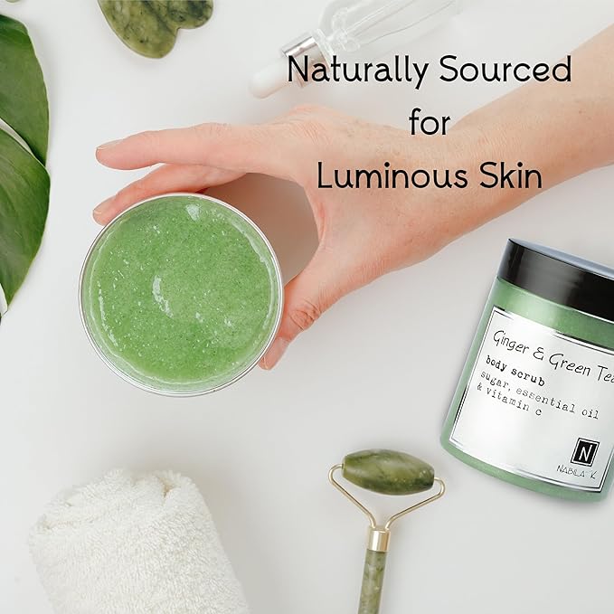 Ginger & Green Tea Body Scrub Made in USA with Essential Oil and Vitamin C by Nabila K - Exfoliate and Moisturize for Smooth Skin - Luxury for Women & Men, 10 oz