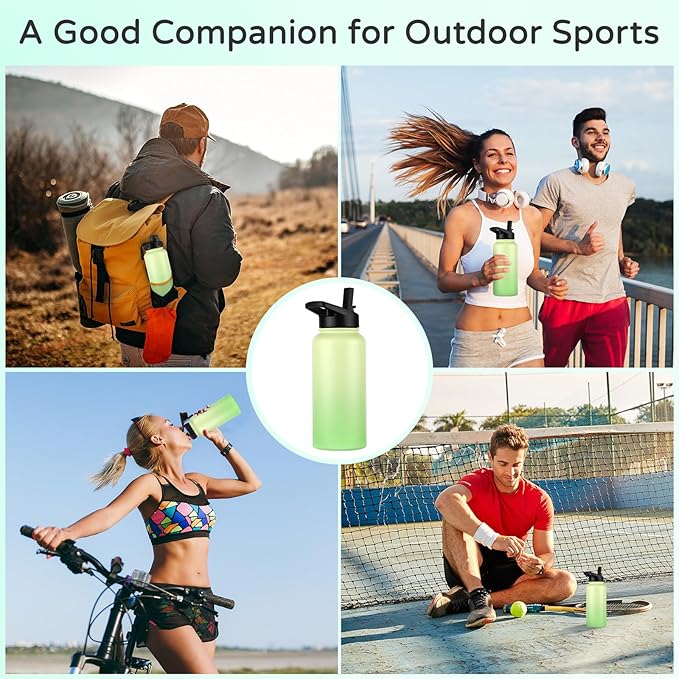 DOMICARE 32 oz Insulated Water Bottle Bulk, Vacuum Insulated Stainless Steel Sports Water Bottle with Straw Lid & Spout Lid, Leakproof, Reusable - Travel, Camping, Bike, Green Gradient (4 Pack)