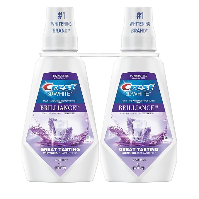 Crest Mouthwash/Mouth Rinse, 3D White Brilliance Whitening, Alcohol Free, Clean Mint, 2x1L (33.8 fl oz)
