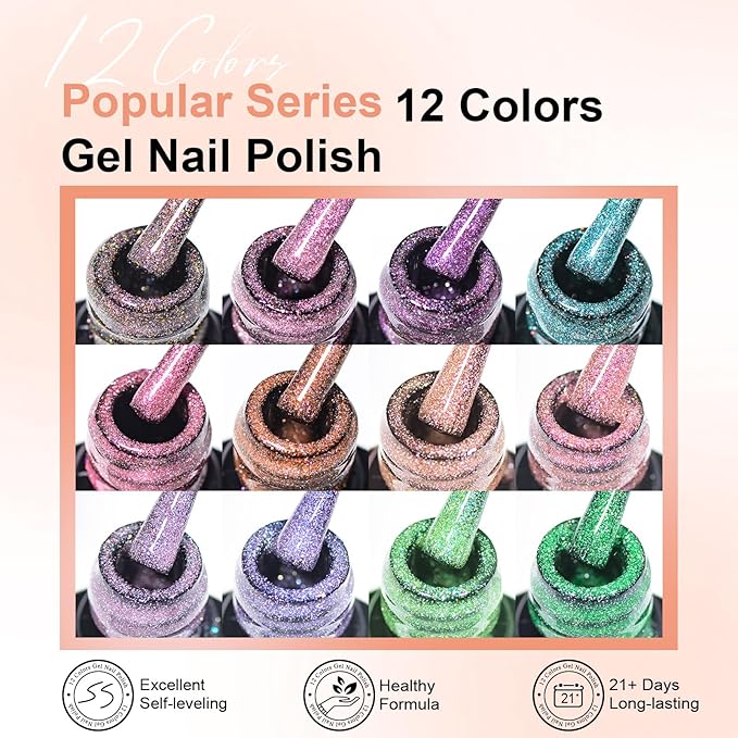 MEET ACROSS Gel Polish Reflective Glitter Gel Nail Polish Set, 12 Colors Holographic Sparkle Glitter Gel, Flash Diamond Gold Red Purple Green UV LED Soak Off Manicure Kit Gift for Women Girls