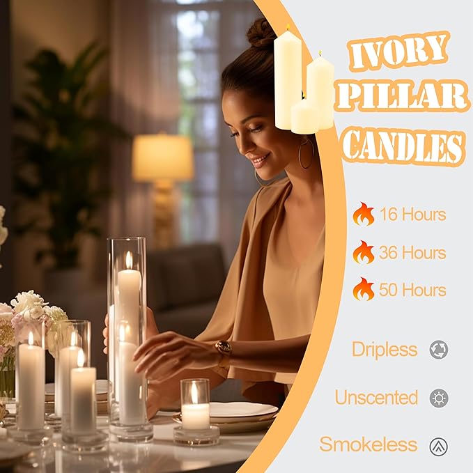 18 Pcs Ivory Pillar Candles Bulk Set，2x3 2x6 2x8 Inch - 12 Each Size，Hurricane Candles，Dripless Unscented Smokeless，Gives You a Better Atmosphere When Organizing Wedding or Event Party.