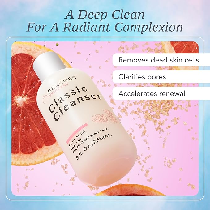 Peaches Skincare Hydrating Facial Cleanser – Vegan Face Wash with Grapefruit, Sugar Cane, and Gotu Kola – Lightly Exfoliating Daily Formula for All Skin Types – Classic Cleanser – 8 oz