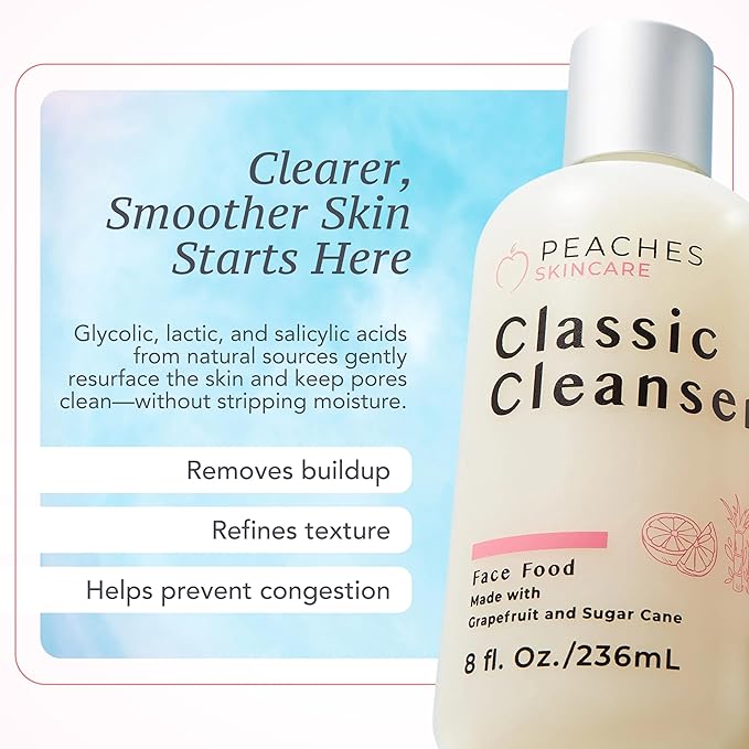 Peaches Skincare Hydrating Facial Cleanser – Vegan Face Wash with Grapefruit, Sugar Cane, and Gotu Kola – Lightly Exfoliating Daily Formula for All Skin Types – Classic Cleanser – 8 oz
