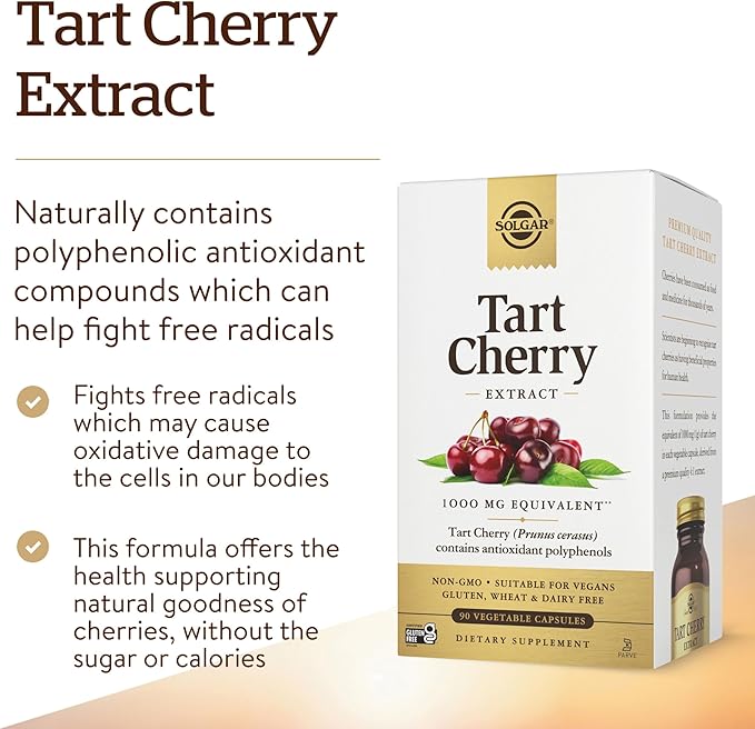 Solgar Tart Cherry 1000 mg, 90 Vegetable Capsules - Antioxidant with Quercetin, Chlorogenic Acid & Anthocyanins Compounds - Non-GMO, Vegan, Gluten Free, Dairy Free - 90 Servings